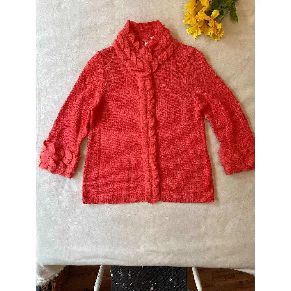 Anthropologie Moth Women's Coral Orange Wool Sweater With Leaf Appliqué Trim Y2K